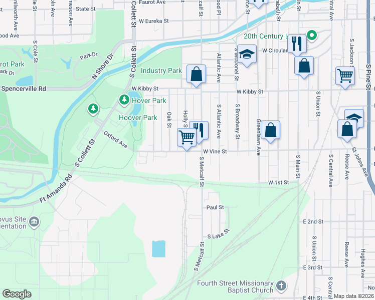 map of restaurants, bars, coffee shops, grocery stores, and more near 666 West Vine Street in Lima