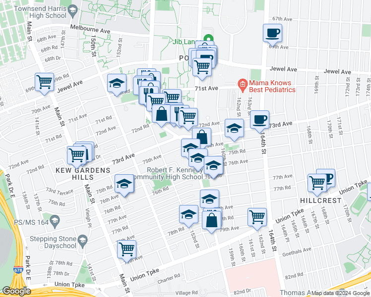 map of restaurants, bars, coffee shops, grocery stores, and more near 153-54 75th Avenue in Queens