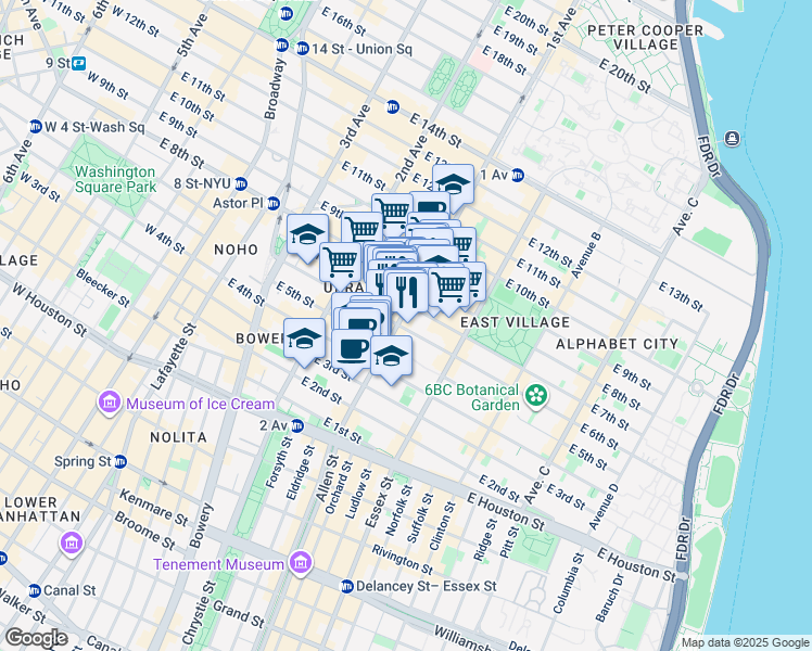 map of restaurants, bars, coffee shops, grocery stores, and more near 117 1st Avenue in New York
