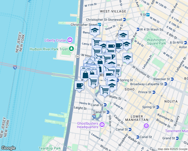 map of restaurants, bars, coffee shops, grocery stores, and more near 92 Vandam Street in New York