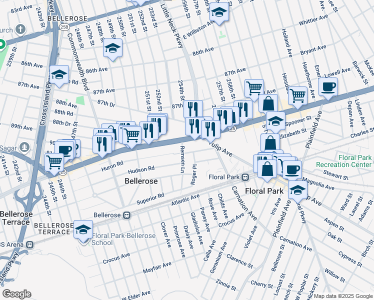 map of restaurants, bars, coffee shops, grocery stores, and more near 57 Florence Street in Floral Park