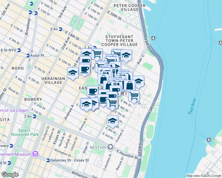 map of restaurants, bars, coffee shops, grocery stores, and more near 362 East 10th Street in New York