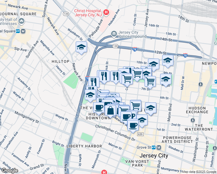 map of restaurants, bars, coffee shops, grocery stores, and more near 463 Monmouth Street in Jersey City