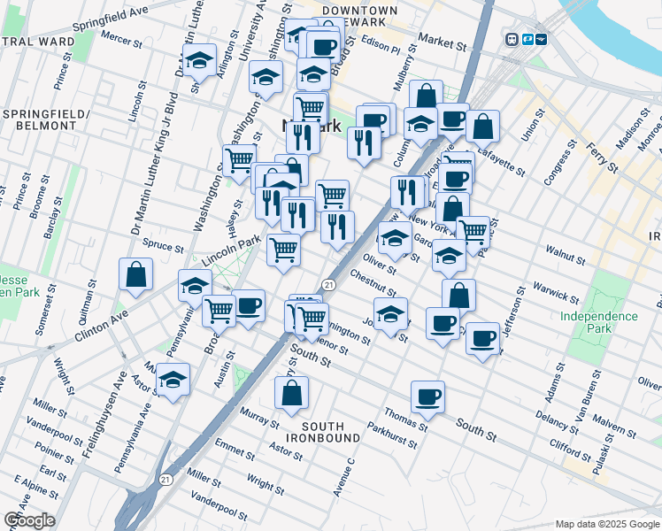 map of restaurants, bars, coffee shops, grocery stores, and more near 65 Chestnut Street in Newark