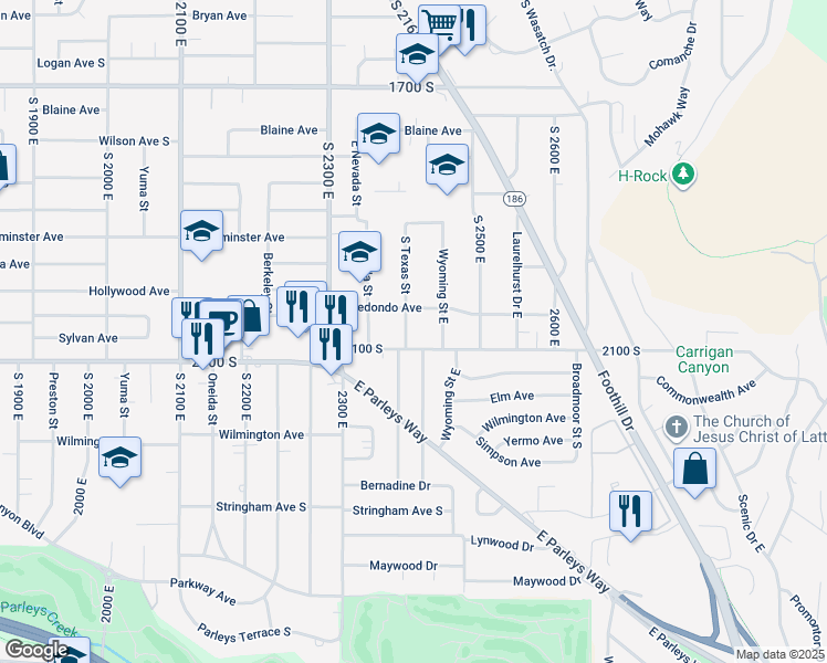 map of restaurants, bars, coffee shops, grocery stores, and more near 2015 Texas Street in Salt Lake City