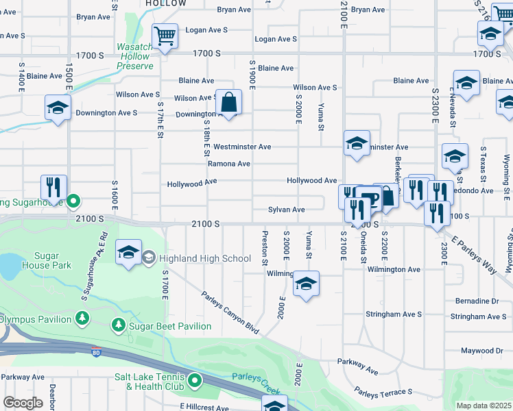map of restaurants, bars, coffee shops, grocery stores, and more near 1903 Sylvan Avenue in Salt Lake City