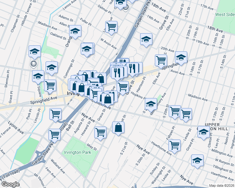 map of restaurants, bars, coffee shops, grocery stores, and more near 49 Maple Avenue in Irvington
