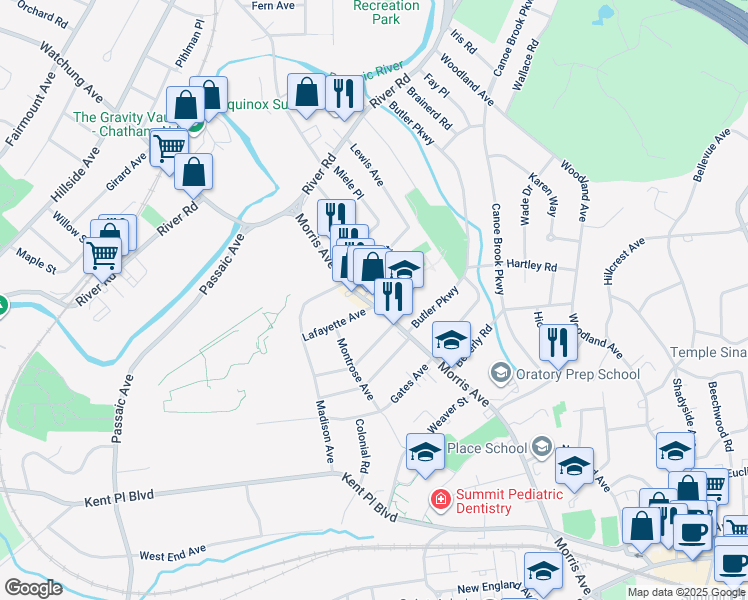 map of restaurants, bars, coffee shops, grocery stores, and more near 511 Morris Avenue in Summit