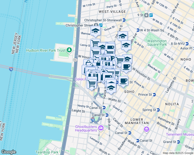 map of restaurants, bars, coffee shops, grocery stores, and more near 310 Hudson Street in New York