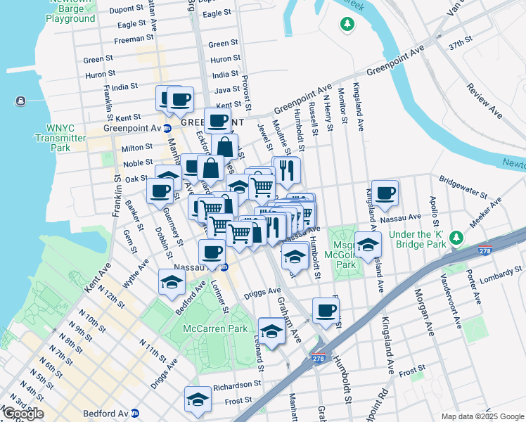 map of restaurants, bars, coffee shops, grocery stores, and more near 152 Norman Avenue in Brooklyn