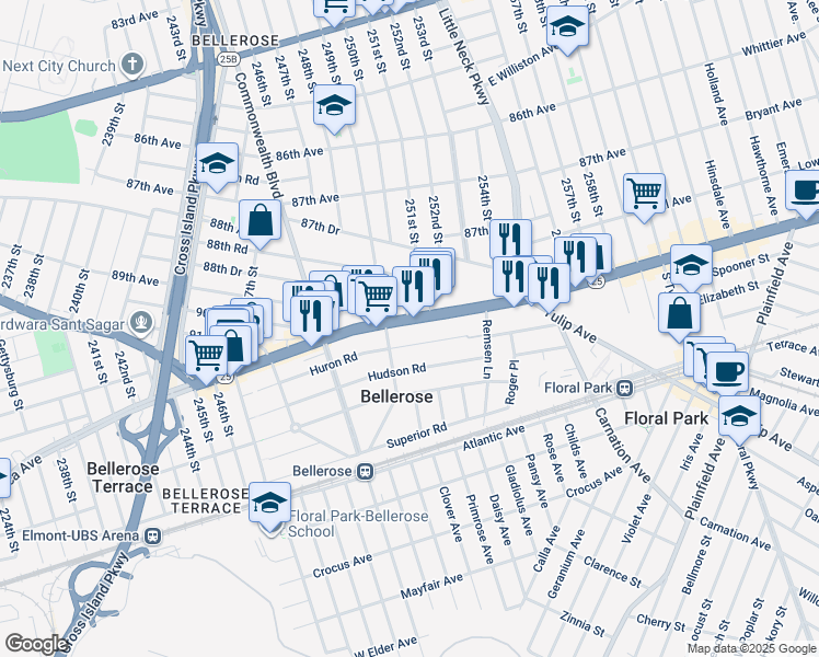 map of restaurants, bars, coffee shops, grocery stores, and more near 250-36 Jericho Turnpike in Floral Park