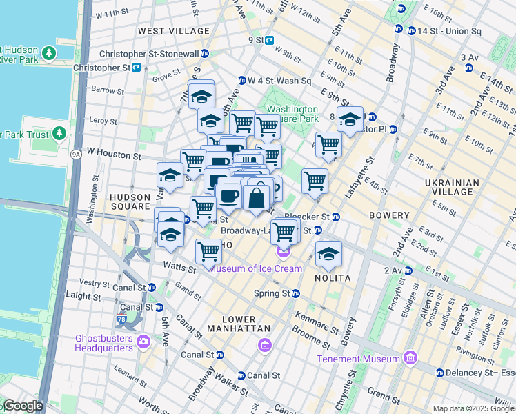 map of restaurants, bars, coffee shops, grocery stores, and more near 71 West Houston Street in New York