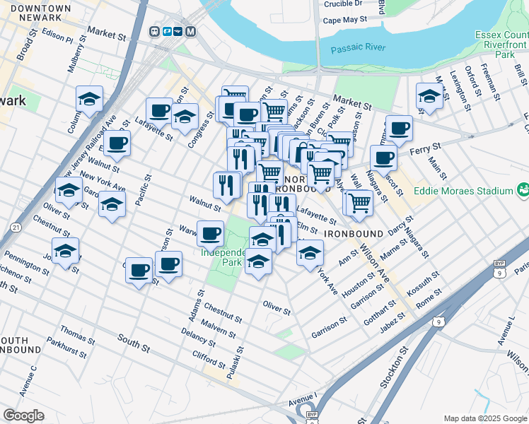 map of restaurants, bars, coffee shops, grocery stores, and more near 280 Elm Street in Newark
