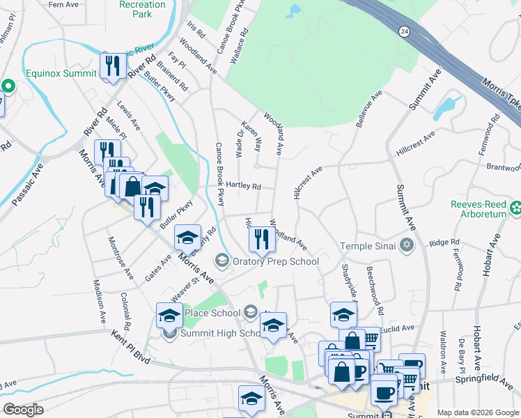 map of restaurants, bars, coffee shops, grocery stores, and more near 58 Beverly Road in Summit