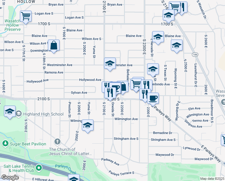 map of restaurants, bars, coffee shops, grocery stores, and more near 2011 South 2100 East in Salt Lake City