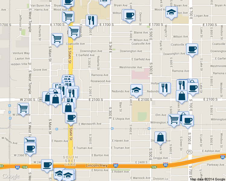 map of restaurants, bars, coffee shops, grocery stores, and more near 317 Redondo Avenue in Salt Lake City