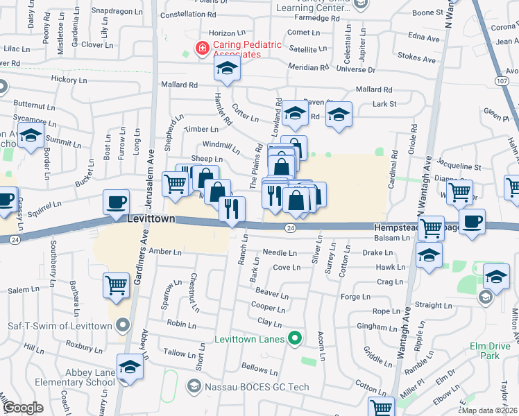 map of restaurants, bars, coffee shops, grocery stores, and more near 124 Hamlet Road in Levittown