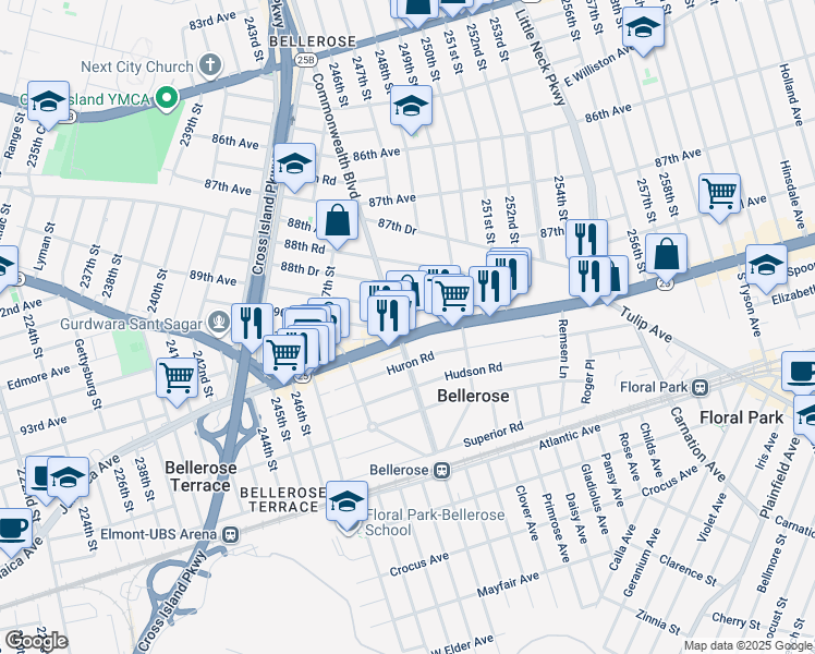 map of restaurants, bars, coffee shops, grocery stores, and more near 24815 New York 25 in Queens