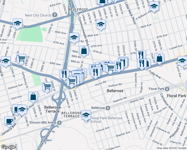 map of restaurants, bars, coffee shops, grocery stores, and more near 247-63 90th Avenue in Queens