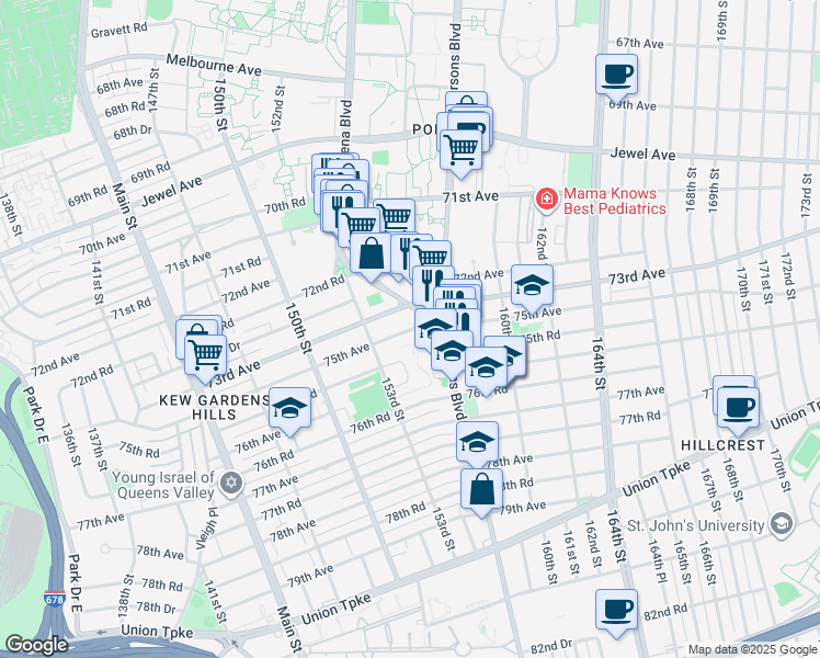 map of restaurants, bars, coffee shops, grocery stores, and more near 153-54 75th Avenue in Queens