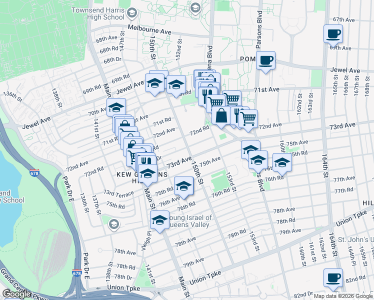 map of restaurants, bars, coffee shops, grocery stores, and more near 72-61 150th Street in Queens
