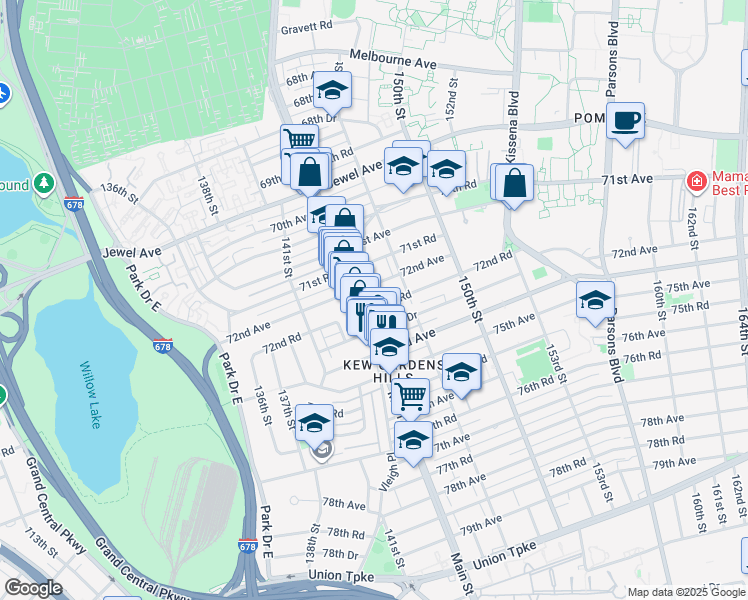 map of restaurants, bars, coffee shops, grocery stores, and more near 72-11 Vleigh Place in Queens
