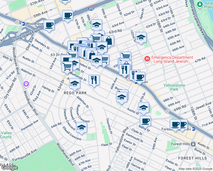 map of restaurants, bars, coffee shops, grocery stores, and more near 65-47 Wetherole Street in Queens