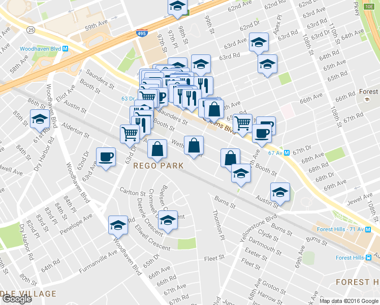 map of restaurants, bars, coffee shops, grocery stores, and more near 64-86 Wetherole Street in Queens