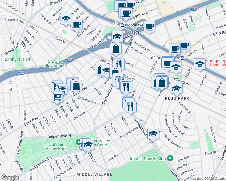 map of restaurants, bars, coffee shops, grocery stores, and more near 61-49 Dry Harbor Road in Queens