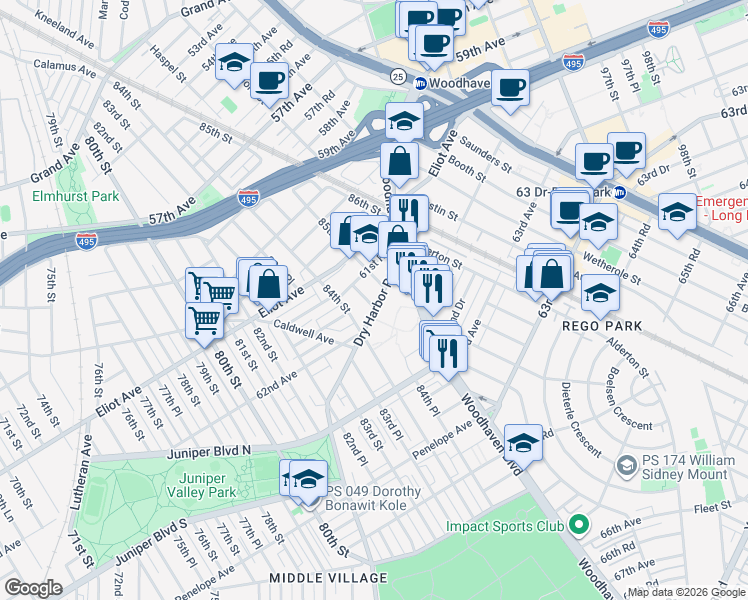 map of restaurants, bars, coffee shops, grocery stores, and more near 61-49 Dry Harbor Road in Queens