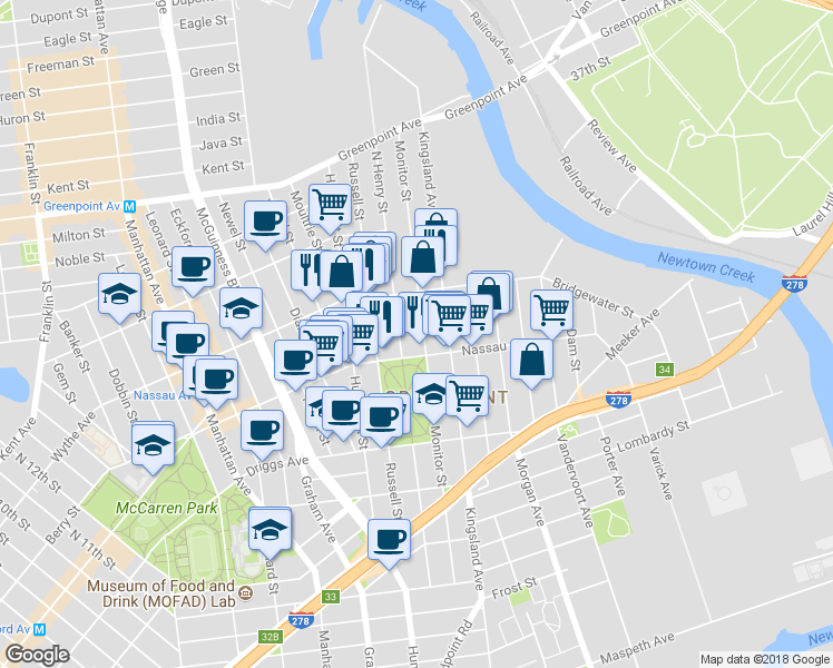 map of restaurants, bars, coffee shops, grocery stores, and more near 202 Monitor Street in Brooklyn