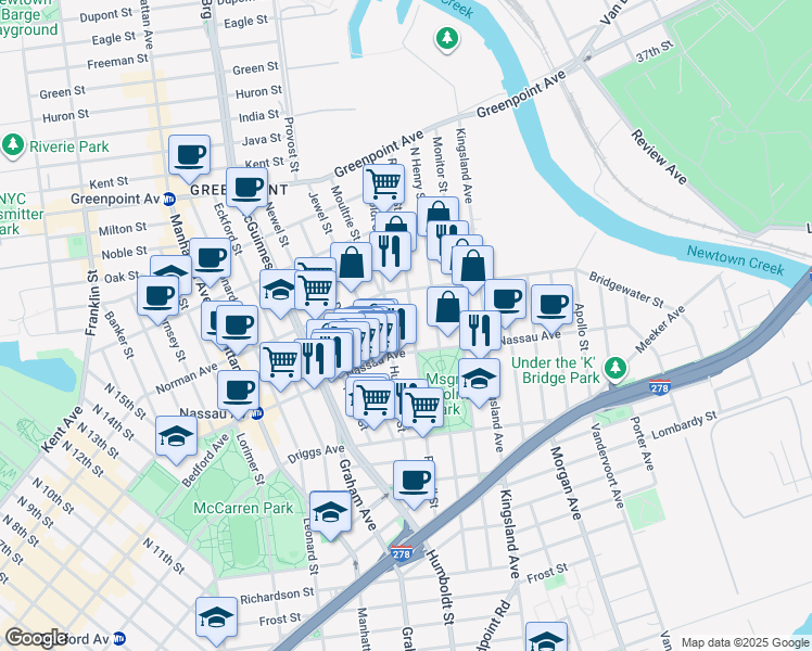 map of restaurants, bars, coffee shops, grocery stores, and more near 720 Humboldt Street in Brooklyn