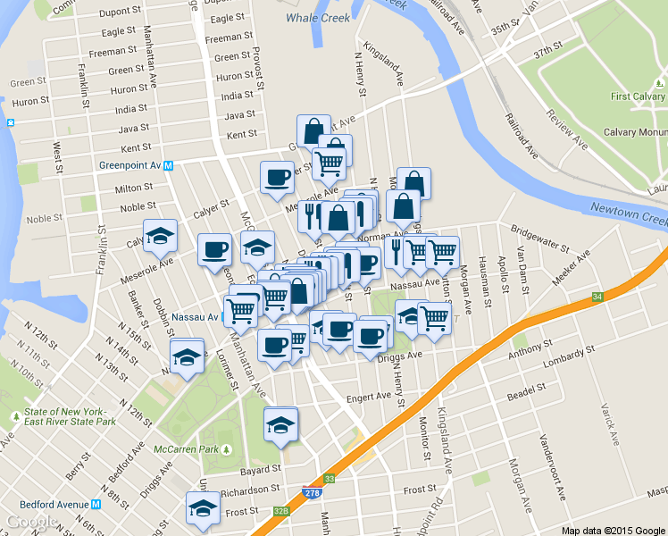 map of restaurants, bars, coffee shops, grocery stores, and more near 720 Humboldt Street in Brooklyn