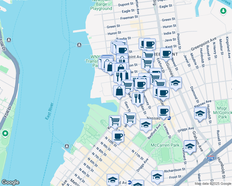 map of restaurants, bars, coffee shops, grocery stores, and more near 61 Franklin Street in Brooklyn