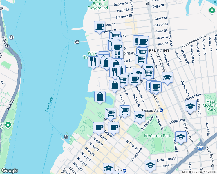 map of restaurants, bars, coffee shops, grocery stores, and more near 11 West Street in Brooklyn