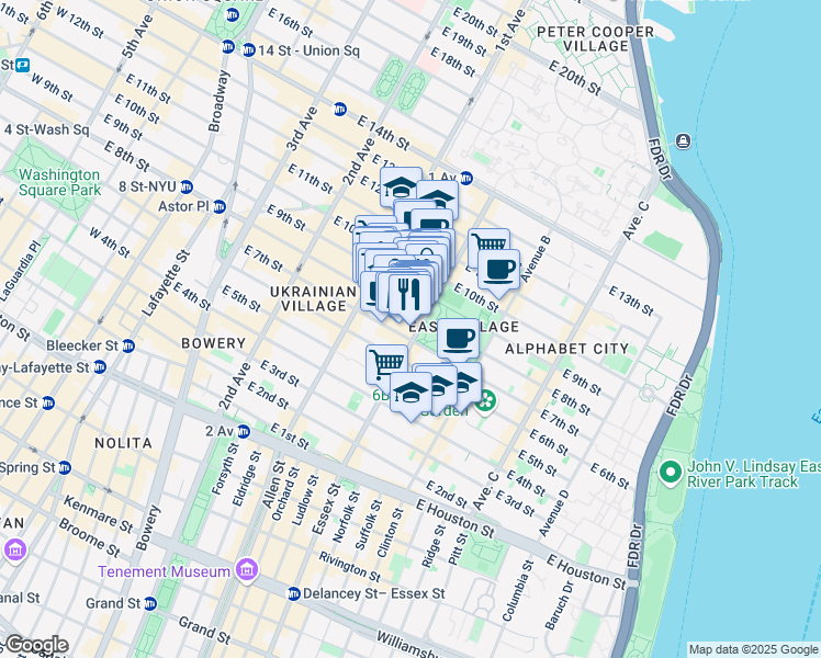 map of restaurants, bars, coffee shops, grocery stores, and more near 117 Avenue A in New York