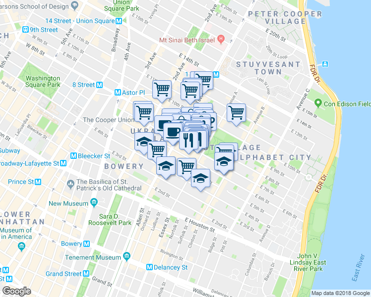 map of restaurants, bars, coffee shops, grocery stores, and more near 113 East 7th Street in New York