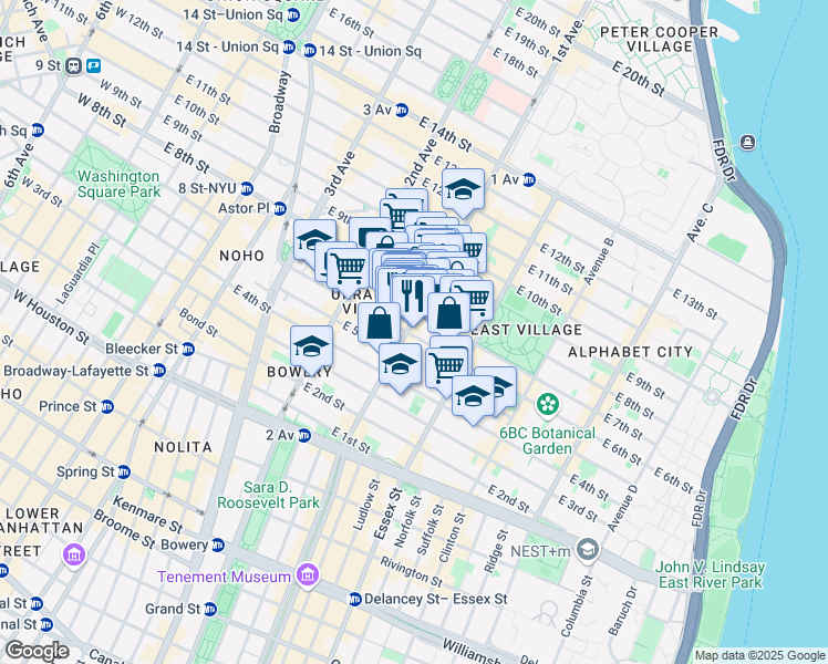 map of restaurants, bars, coffee shops, grocery stores, and more near 117 1st Avenue in New York