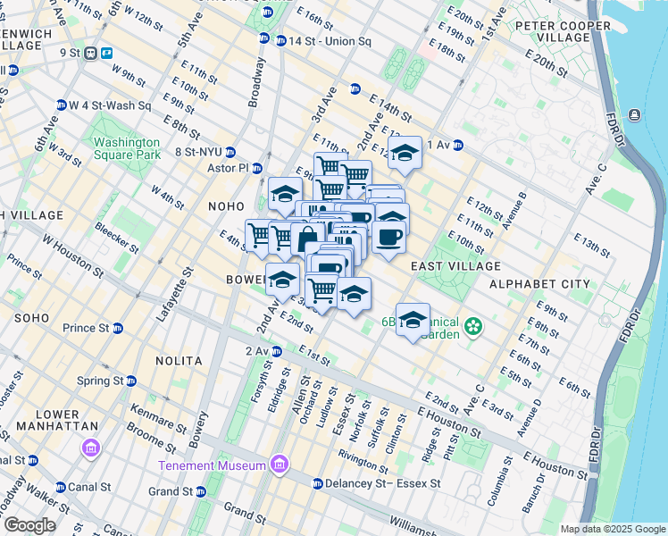 map of restaurants, bars, coffee shops, grocery stores, and more near 331 East 5th Street in New York