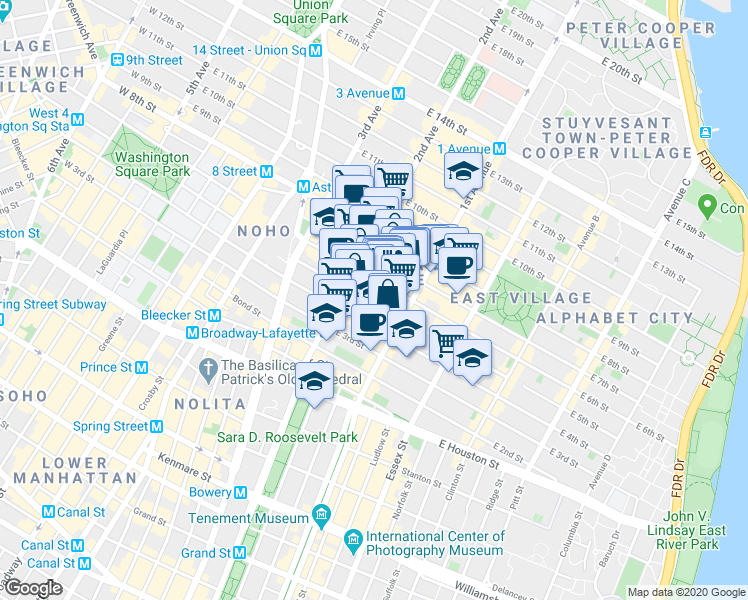 map of restaurants, bars, coffee shops, grocery stores, and more near 331 East 5th Street in New York