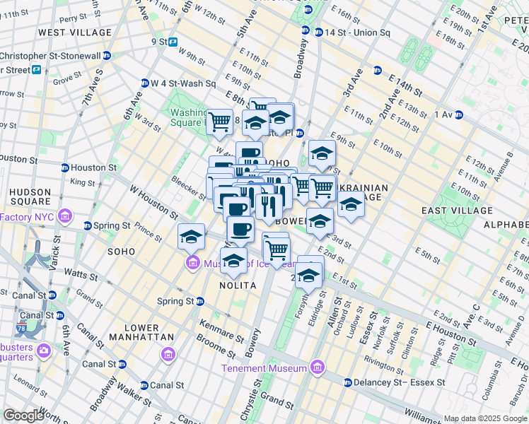map of restaurants, bars, coffee shops, grocery stores, and more near 30 Bond Street in New York