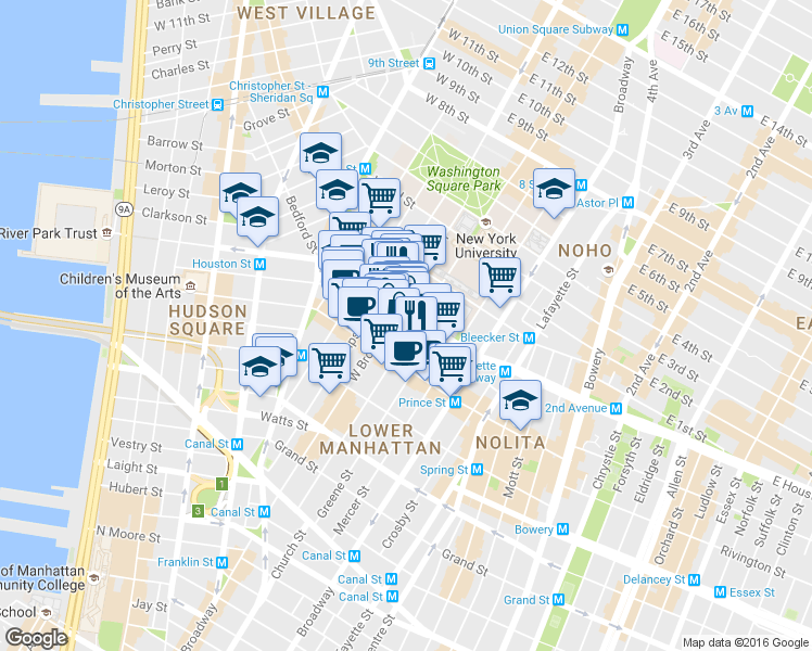 map of restaurants, bars, coffee shops, grocery stores, and more near 71 West Houston Street in New York