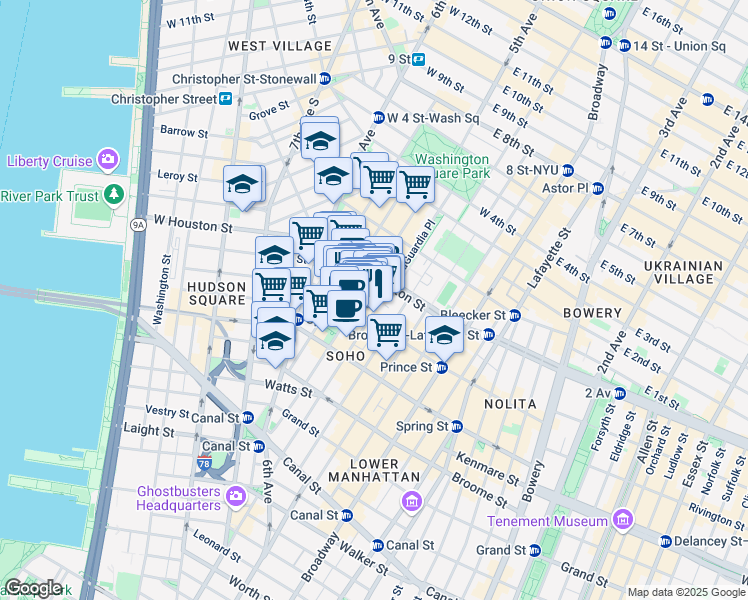 map of restaurants, bars, coffee shops, grocery stores, and more near 155-159 Sullivan Street in New York