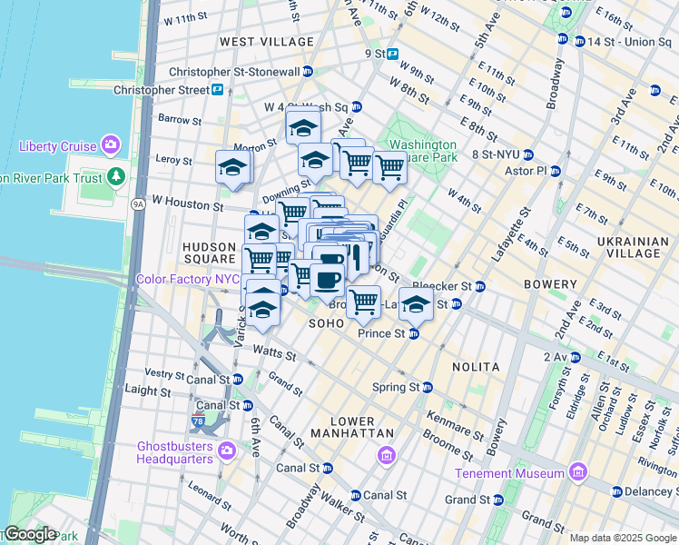 map of restaurants, bars, coffee shops, grocery stores, and more near 155-159 Sullivan Street in New York