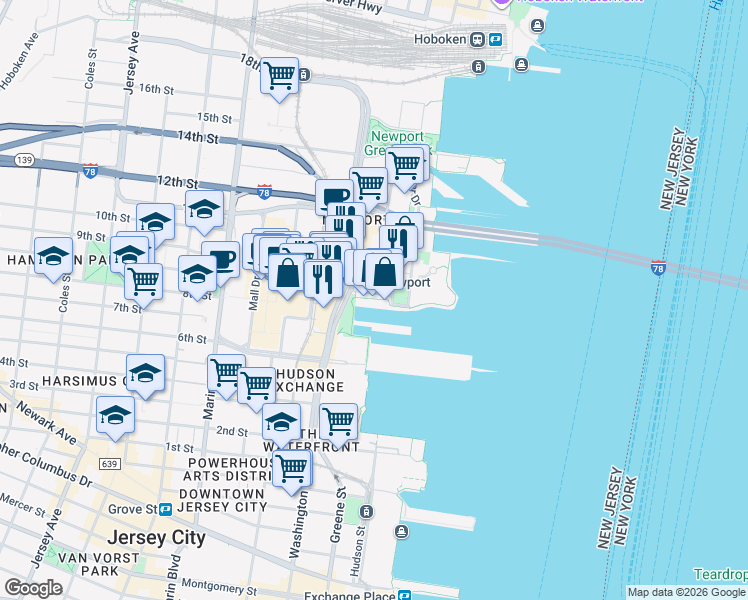 map of restaurants, bars, coffee shops, grocery stores, and more near in Jersey City