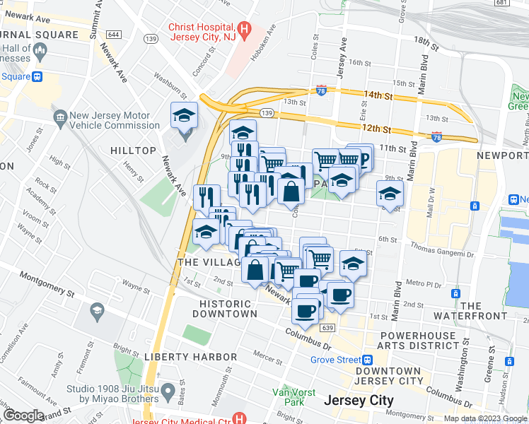 map of restaurants, bars, coffee shops, grocery stores, and more near 463 Monmouth Street in Jersey City