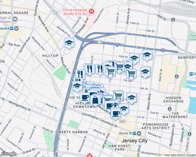 map of restaurants, bars, coffee shops, grocery stores, and more near 463 Monmouth Street in Jersey City