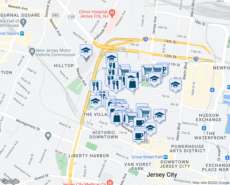 map of restaurants, bars, coffee shops, grocery stores, and more near 463 Monmouth Street in Jersey City