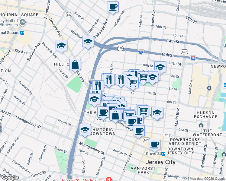 map of restaurants, bars, coffee shops, grocery stores, and more near 189 Brunswick Street in Jersey City
