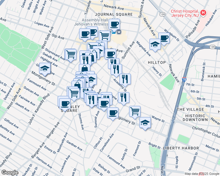 map of restaurants, bars, coffee shops, grocery stores, and more near 325 Summit Avenue in Jersey City